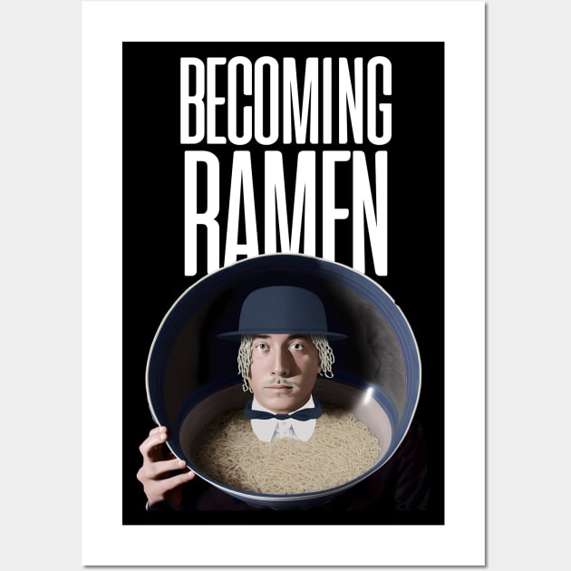 Becoming Ramen No. 3 -- an Asian man wearing a stylish Bowler hat with ramen hair inside a bowl of ramen with the words "Becoming Ramen" above on a Dark Background Wall Art by Puff Sumo